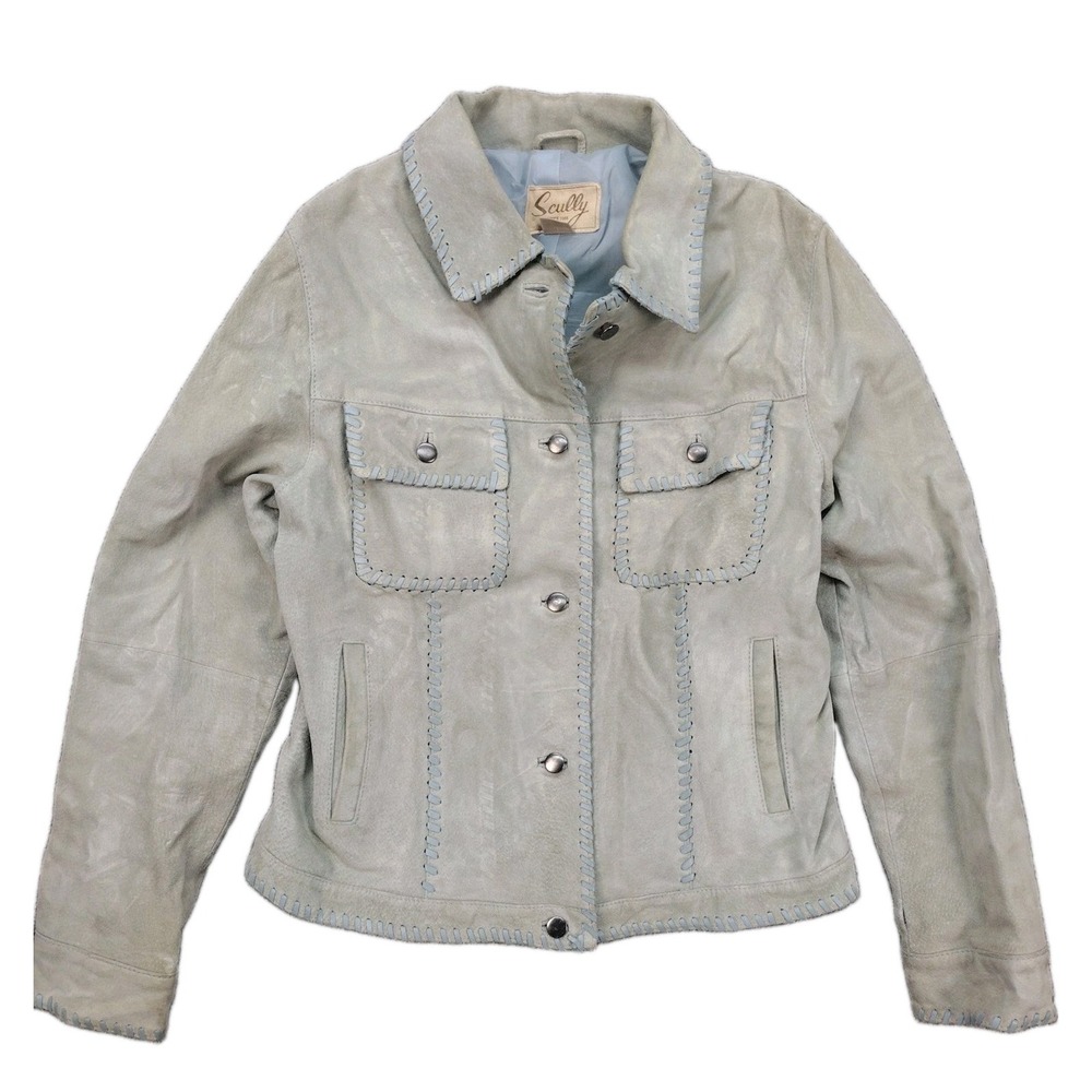 Scully Leatherwear Womens Light Grn/Blue Suede Jean Jacket With Whip Stitch SZ S